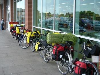 Bicycles outside a grocery store, UK Bicycles outside a grocery store, UK